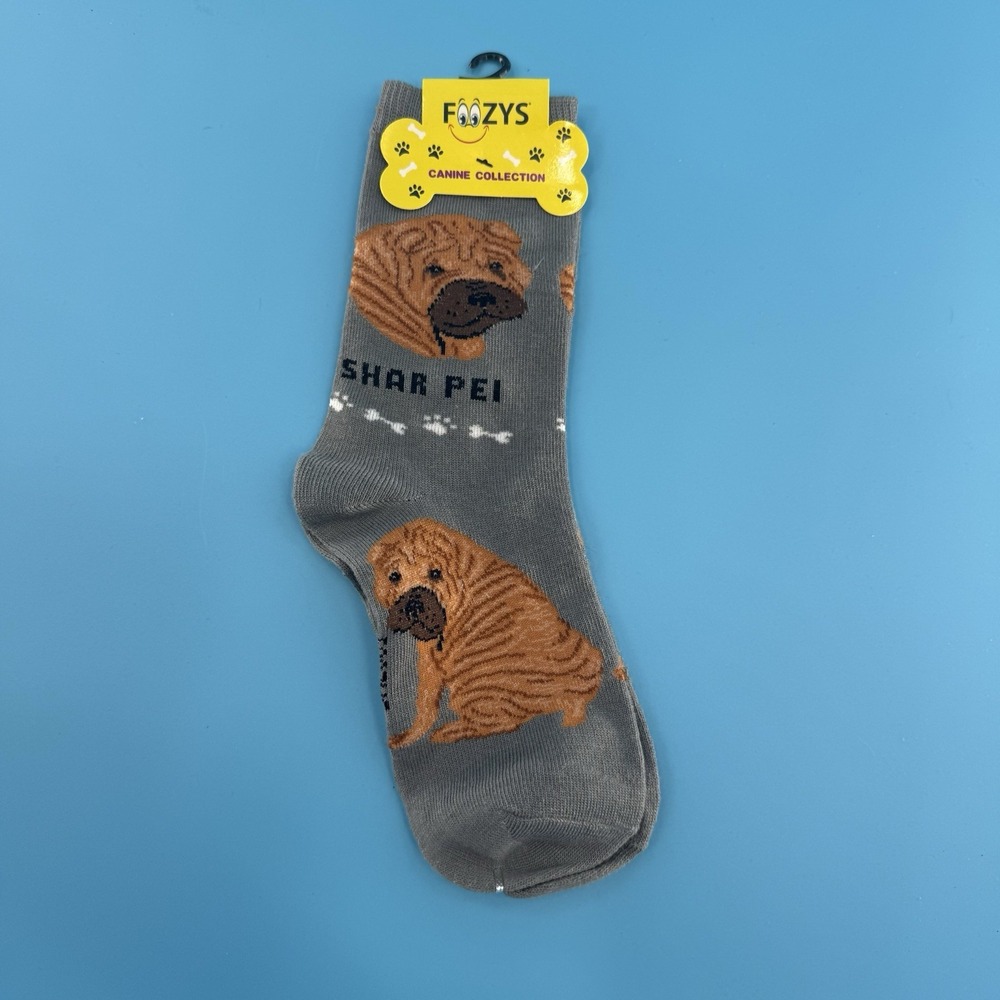 Foozys Shar Pei Dog Crew Socks Gray Canine Collection Size 9–11 New